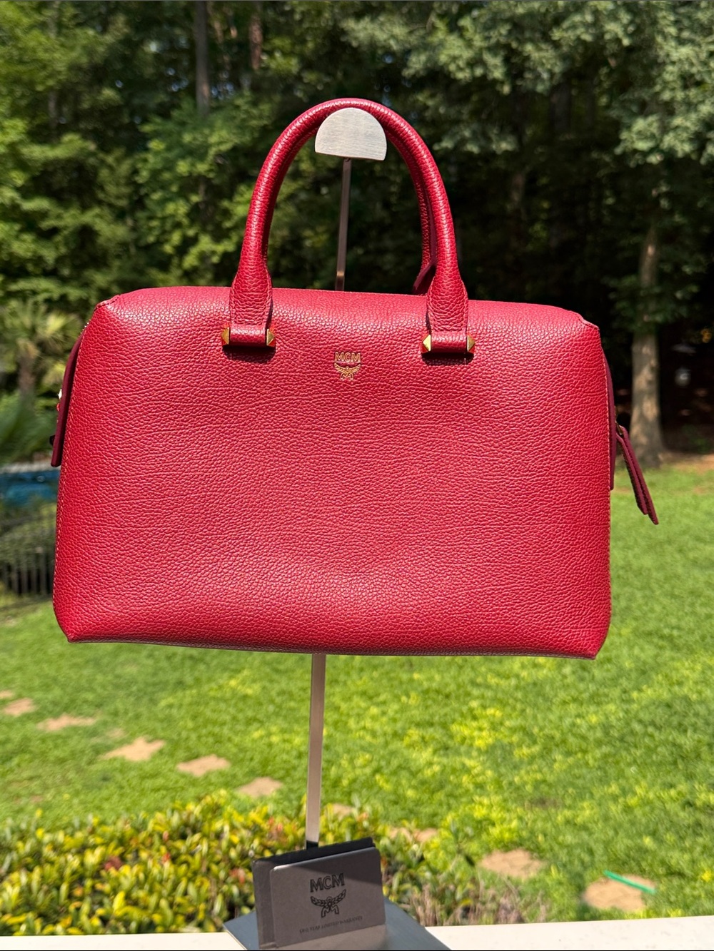 MCM Red Leather Satchel Bag